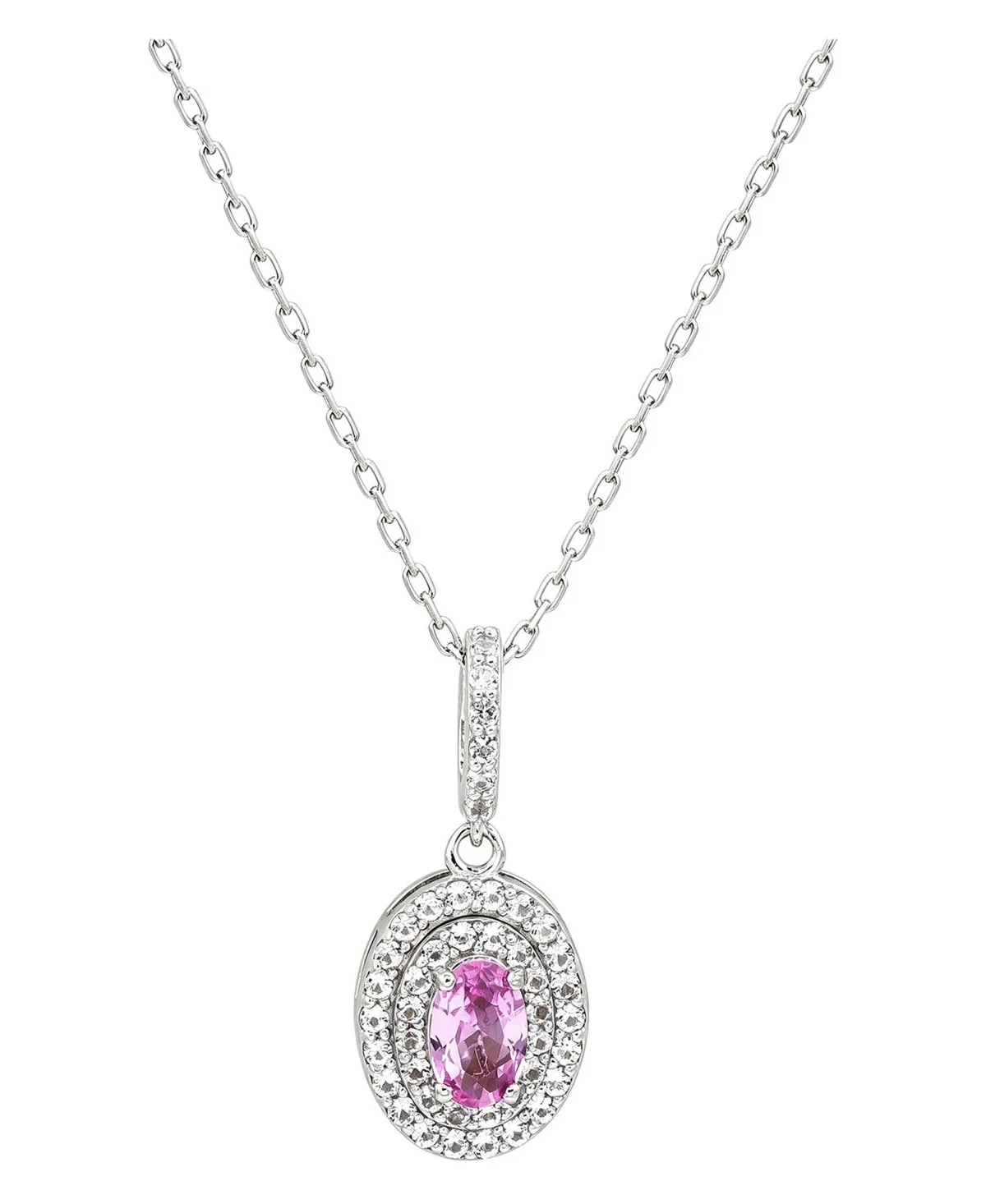 Sterling Silver Sapphire and Created Sapphire Double Halo Pendant Necklace