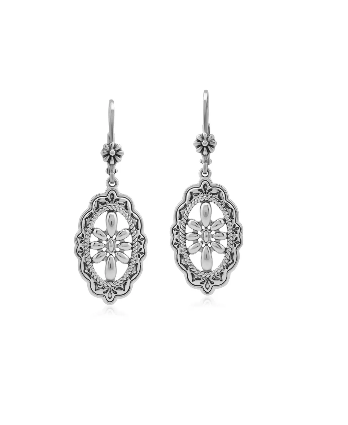 Sterling Silver Floral Filigree Oval and Concha Dangle Earrings by American West Jewelry