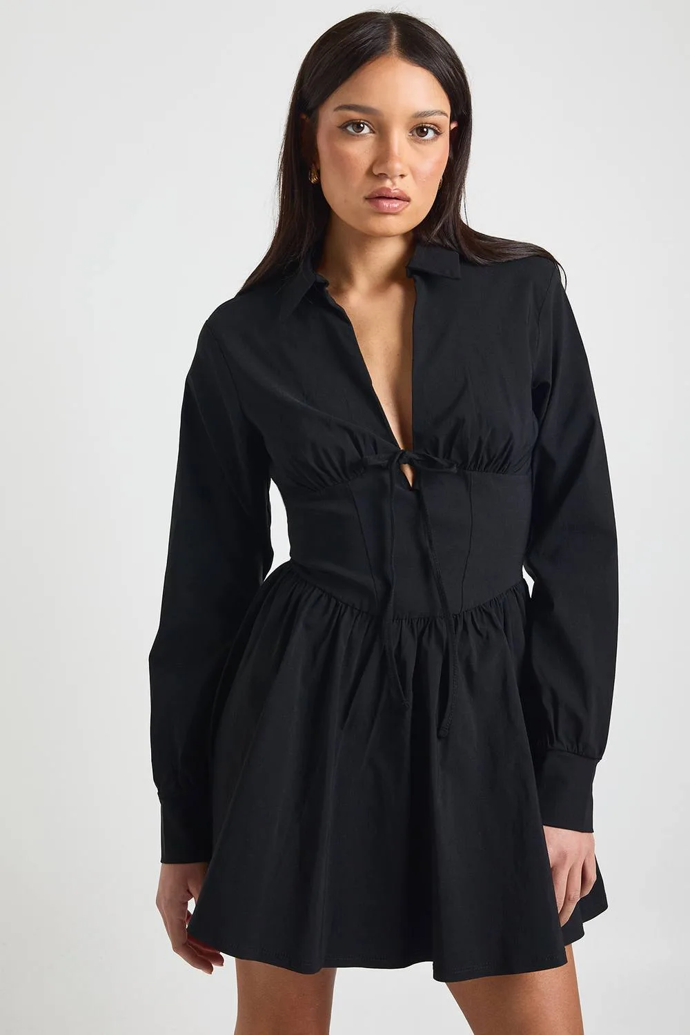 Bengaline Cinched Waist Long Sleeve Skater Shirt Dress