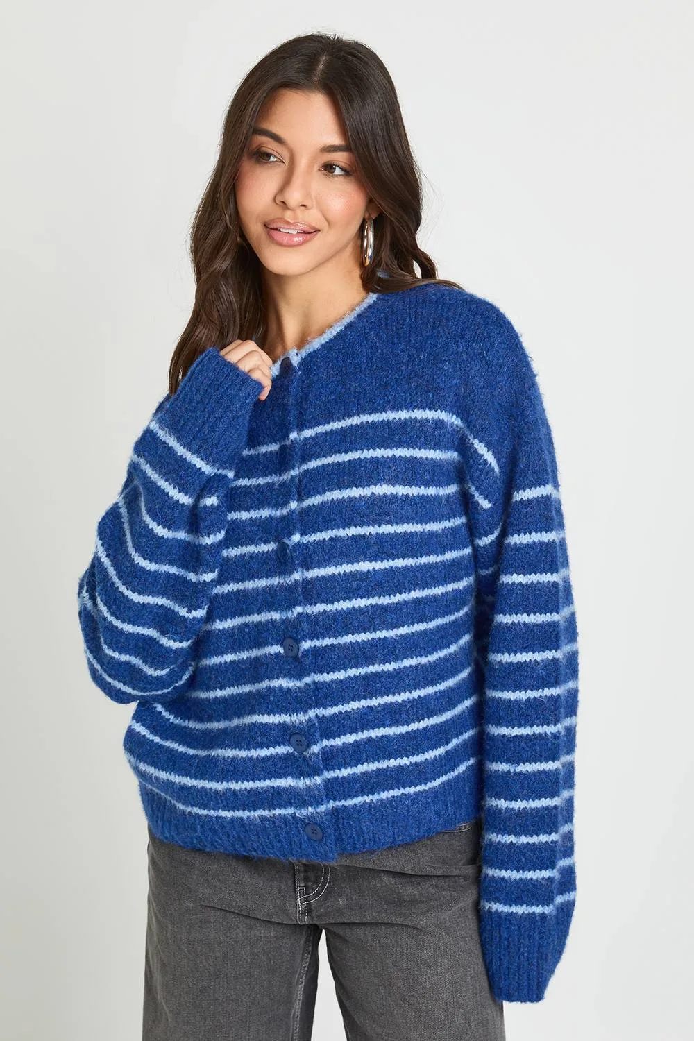 Crew Neck Chunky Knit Stripe Cardigan