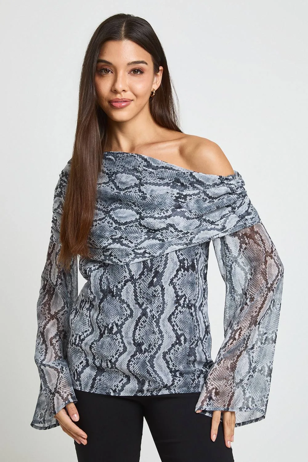 Chiffon Snake Bardot Sheer Blouse