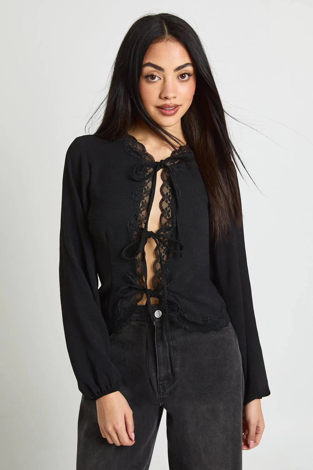 Tie Front Hammered Lace Front Blouse
