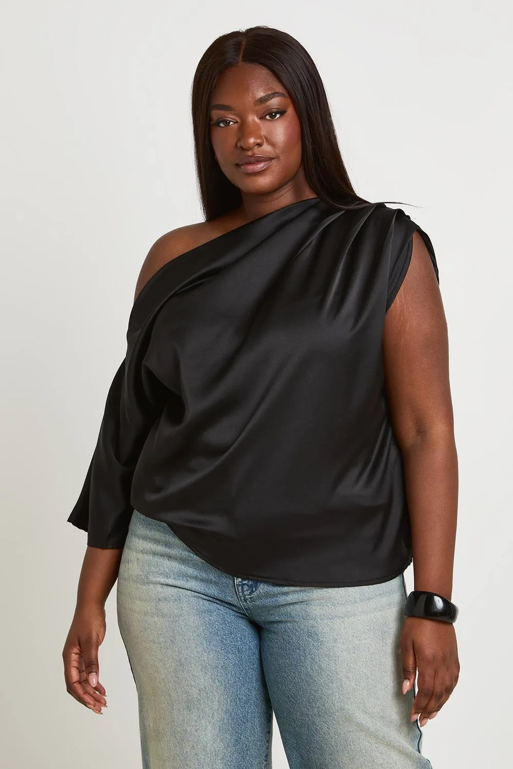 Plus Satin Ruched Shoulder Off-The Shoulder Top