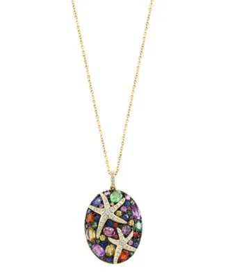 Watercolors Diamond Multi Sapphire Cable Chain Pendant Huggie Earrings in 14k Yellow Gold by Effy Collection
