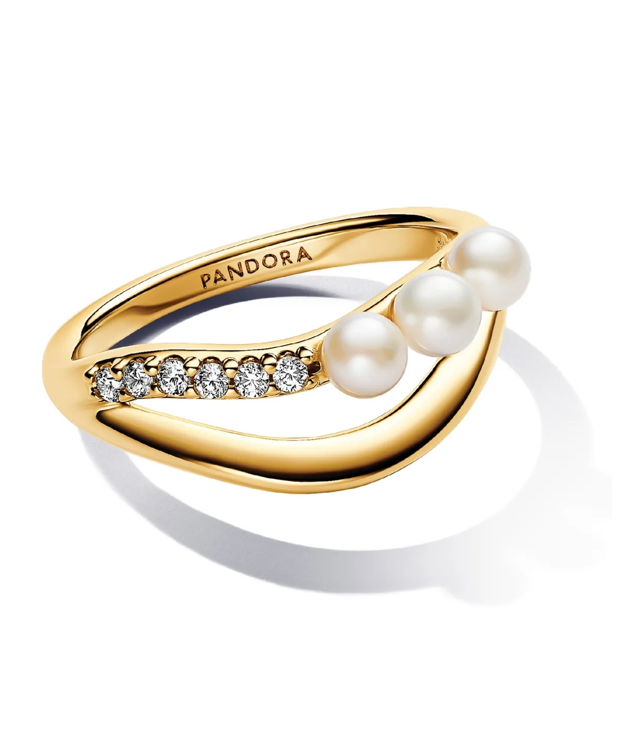 Treated Freshwater Cultured Pearl Shaped Double Band with Clear Cubic Zirconia Stone Ring in 14k Gold-Plated by Pandora