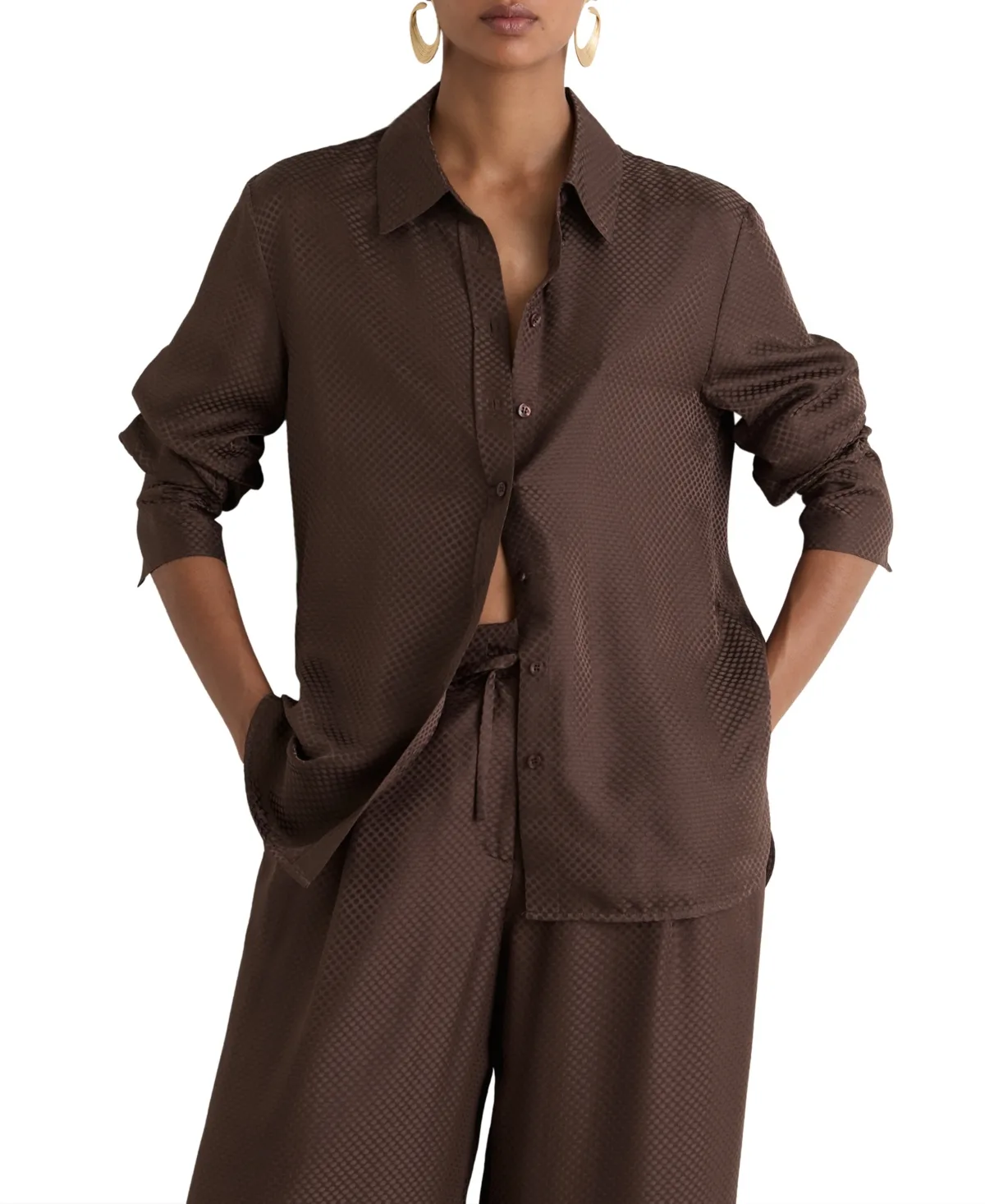 Aliana Long-Sleeve Collared Jacquard Silk Shirt
