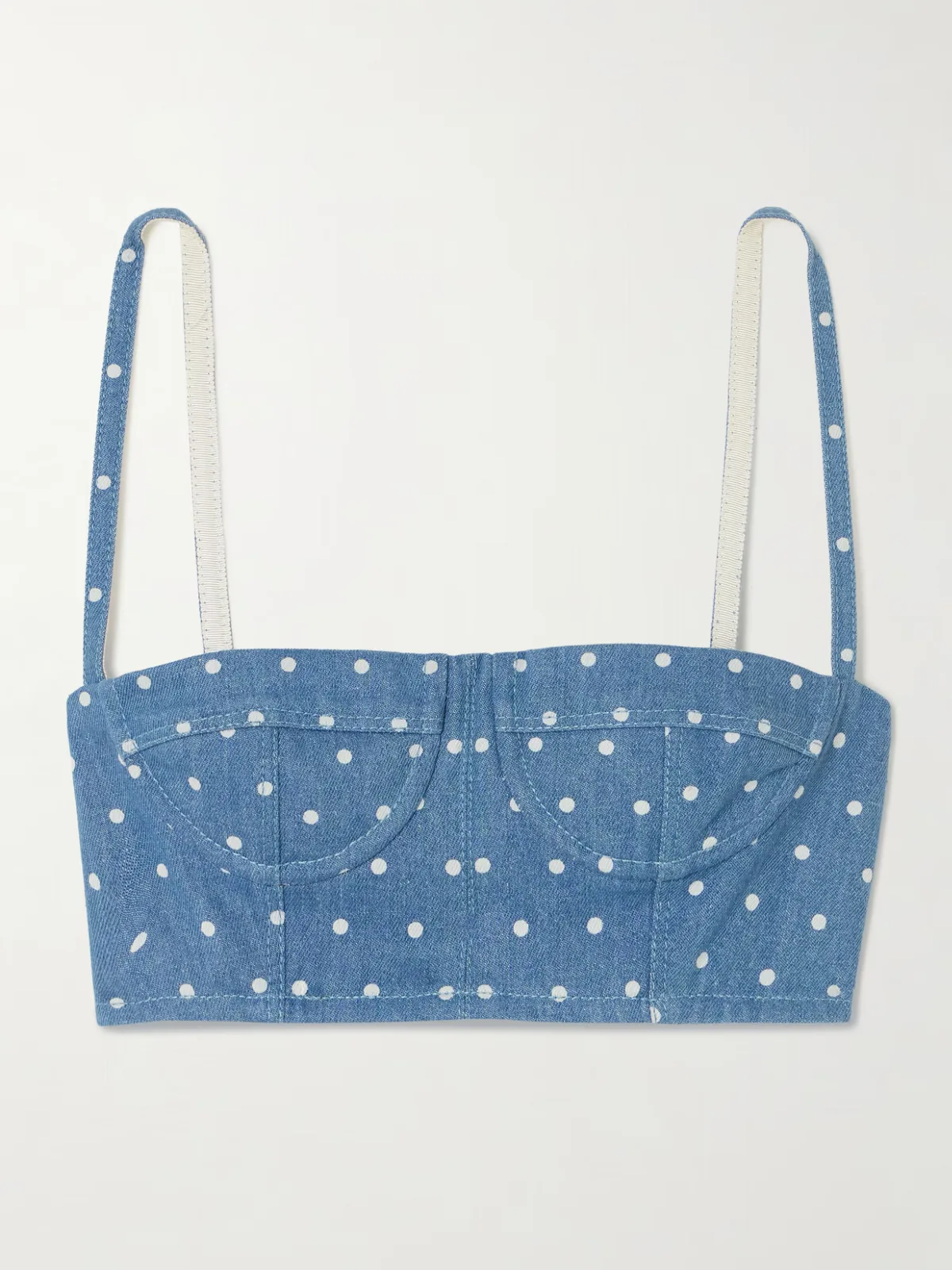 - Cropped Polka-dot Denim Bustier Top - by Carolina Herrera