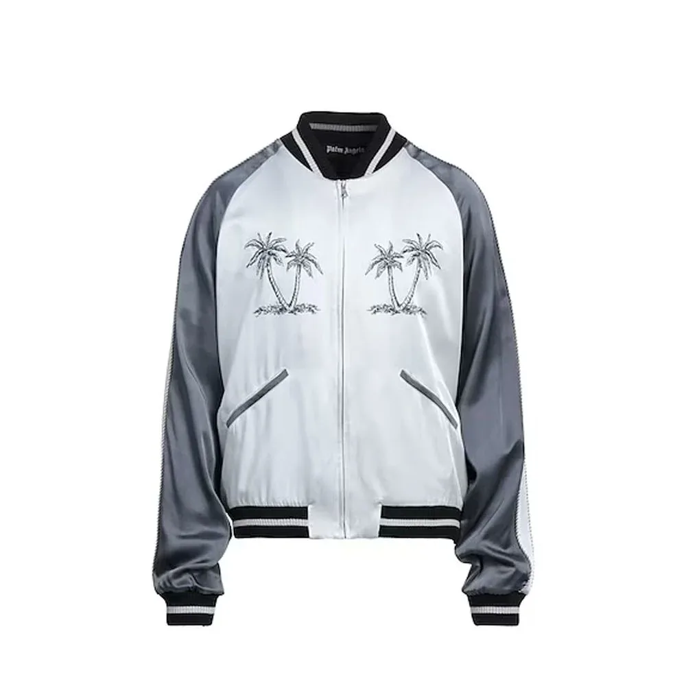 Palm-Embroidered Acetate Bomber Jacket