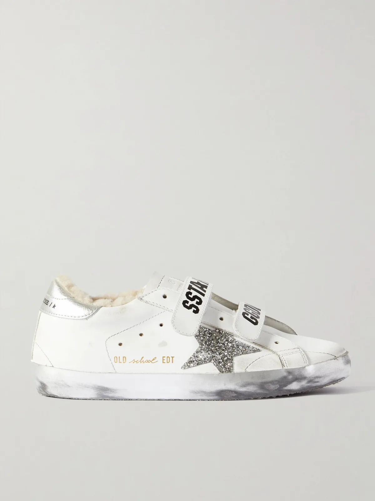 - Old School Shearling-lined Distressed Glittered Leather Sneakers -