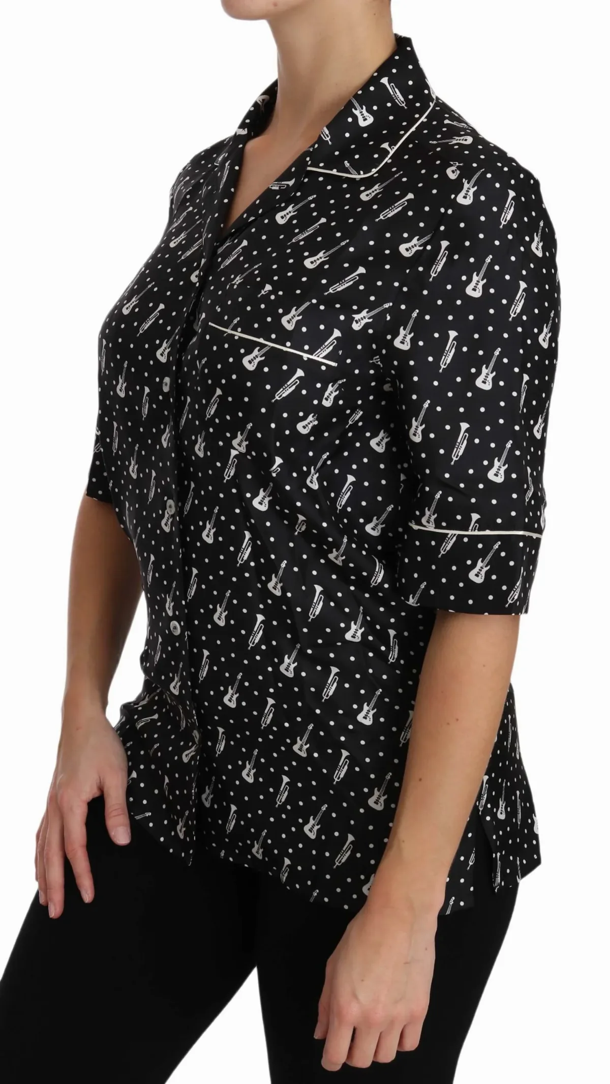 Guitar & Trumpet Print Silk Blouse