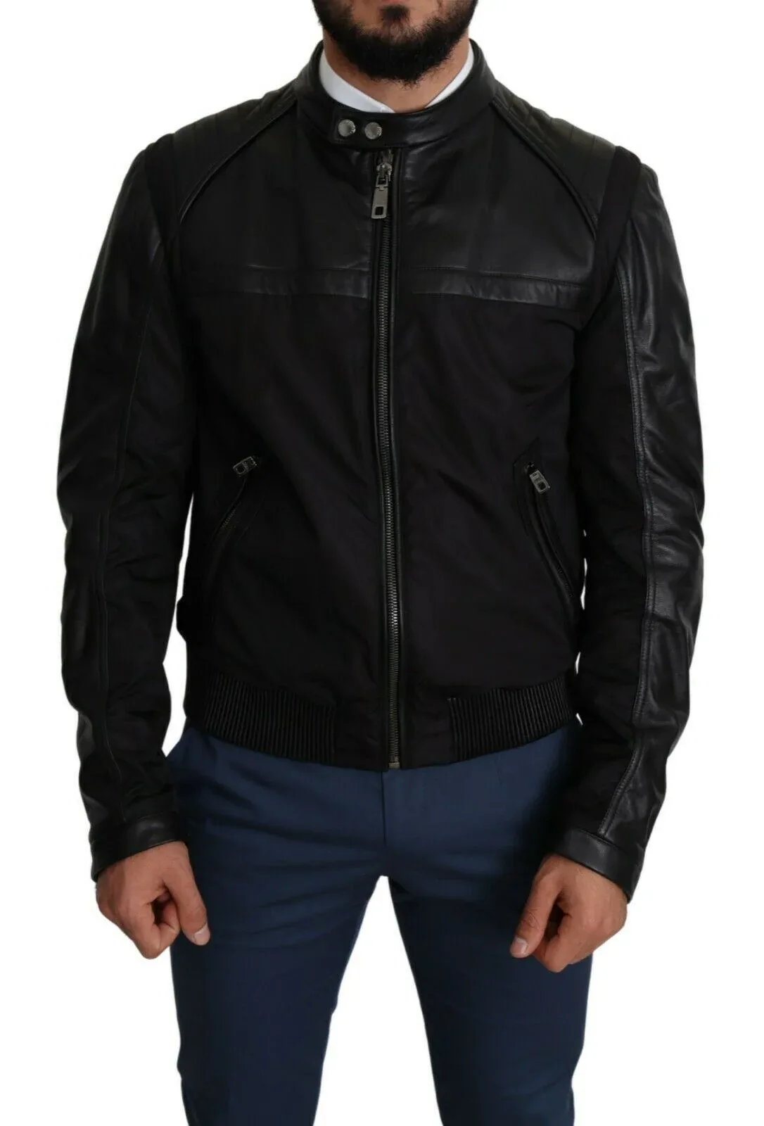 Leather-Trimmed Nylon Bomber Jacket
