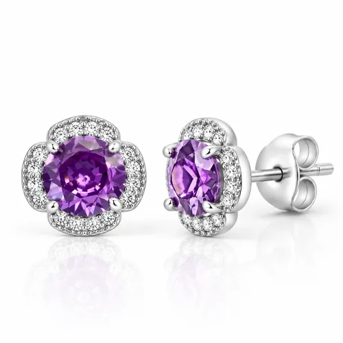 Sterling Silver Halo Amethyst Earrings by Donatello Gian
