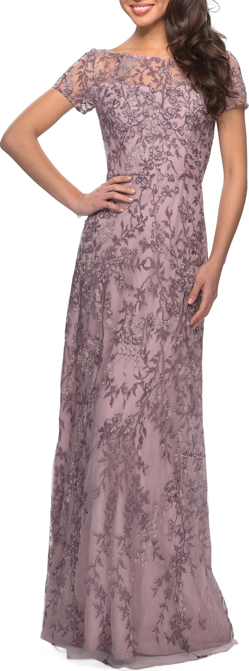 Floral Beaded Evening Dress with Sheer Cap Sleeves