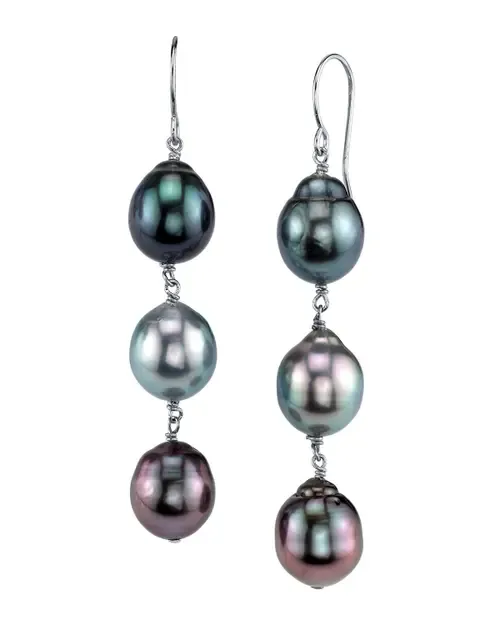 7-8mm 14K Gold Tahitian South Sea Drop Multicolor Pearl Tincup Earrings by The Pearl Source