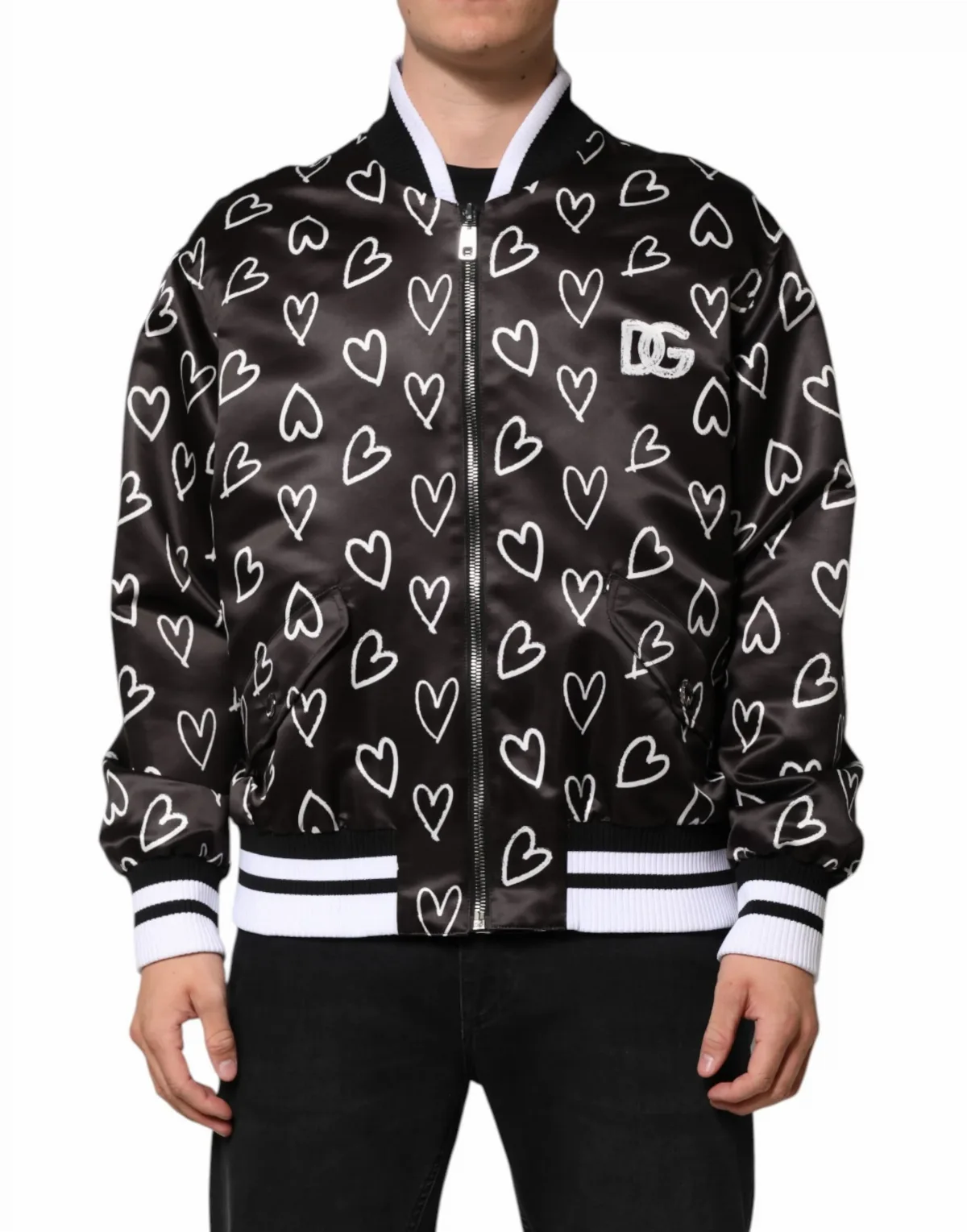 Heart-Print Polyester Bomber Jacket