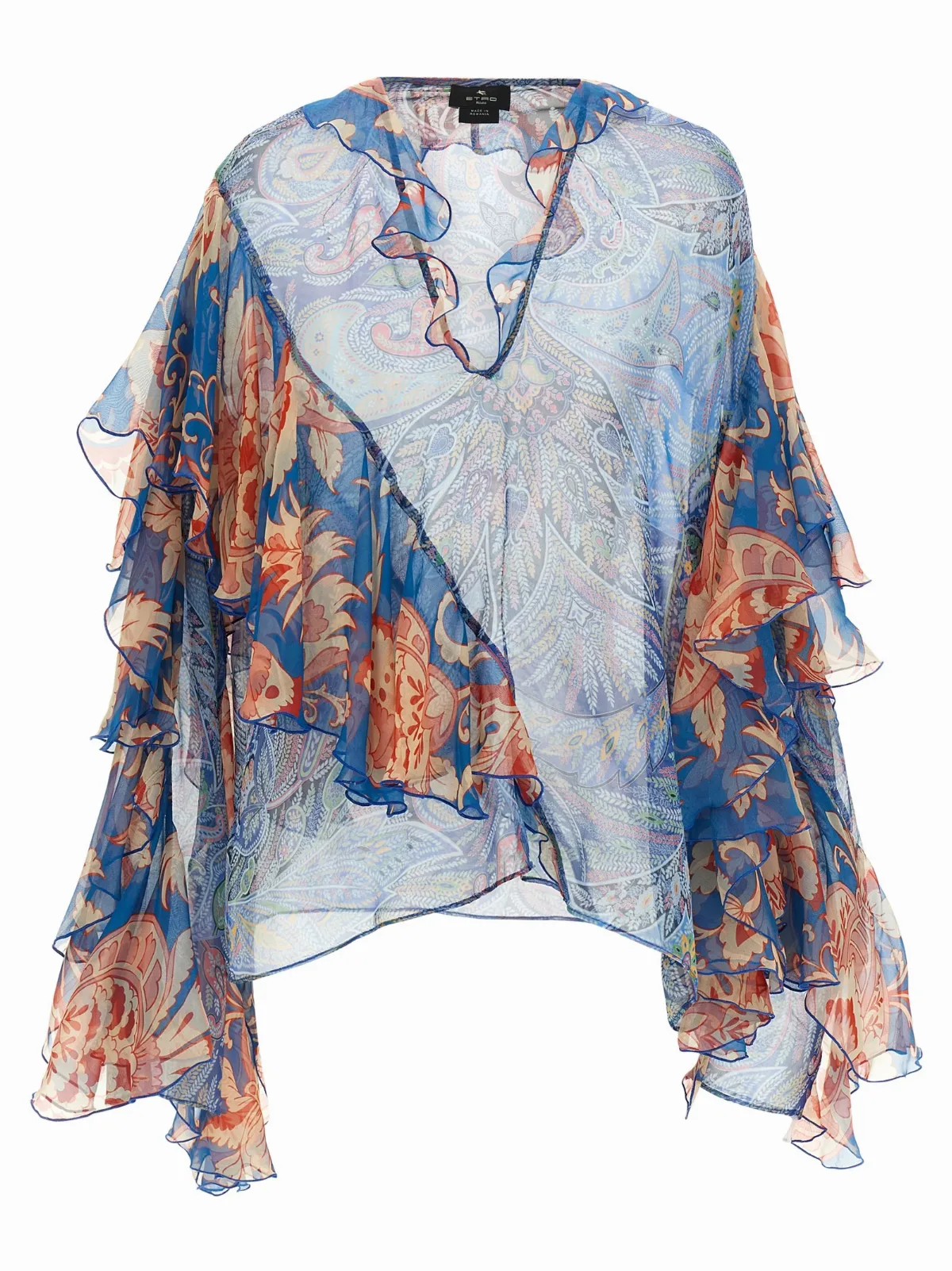 Ruffled Silk Foliage Print Blouse