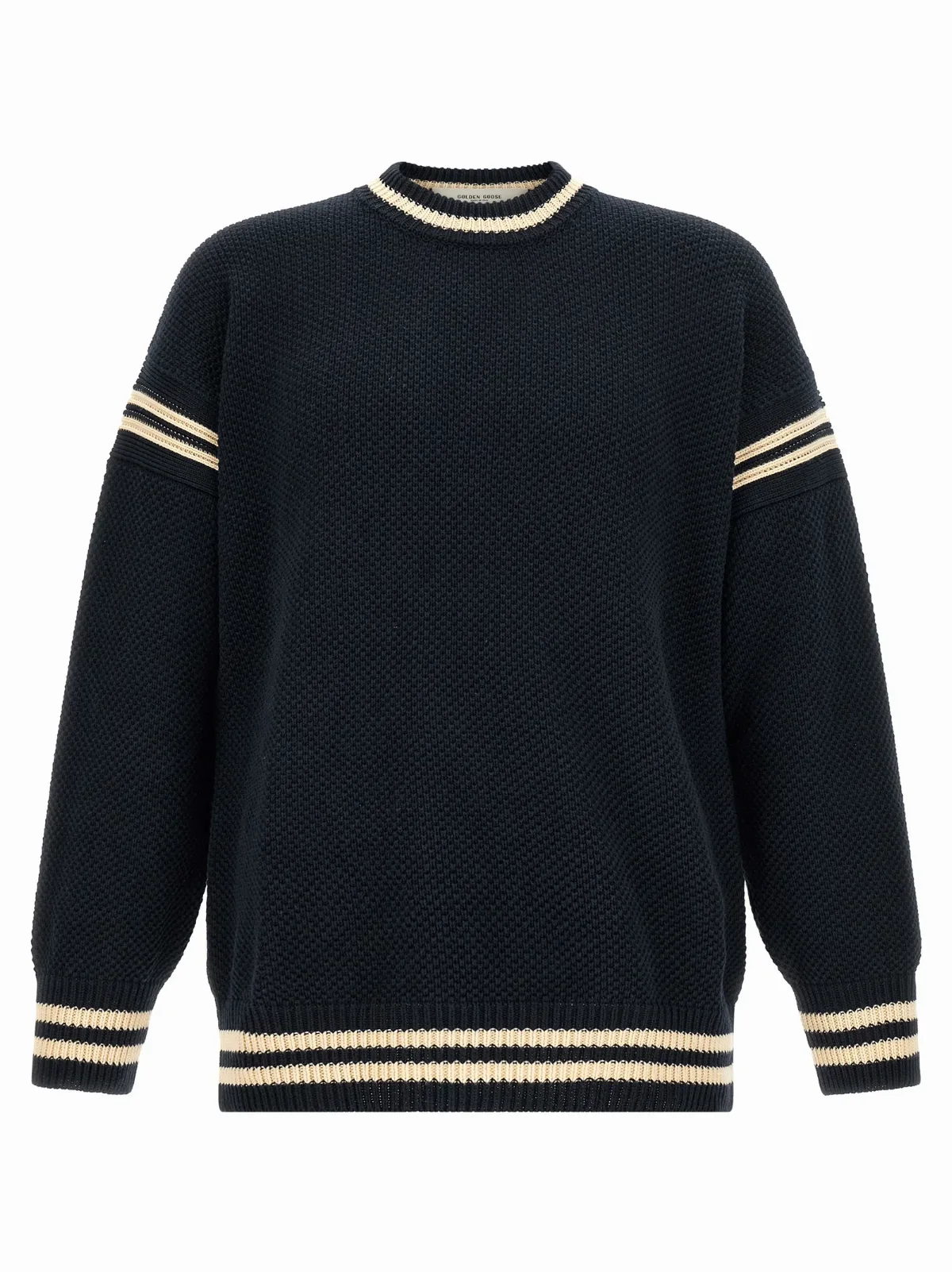 Waffle-Stitch Cotton with Striped Cuffs Sweater