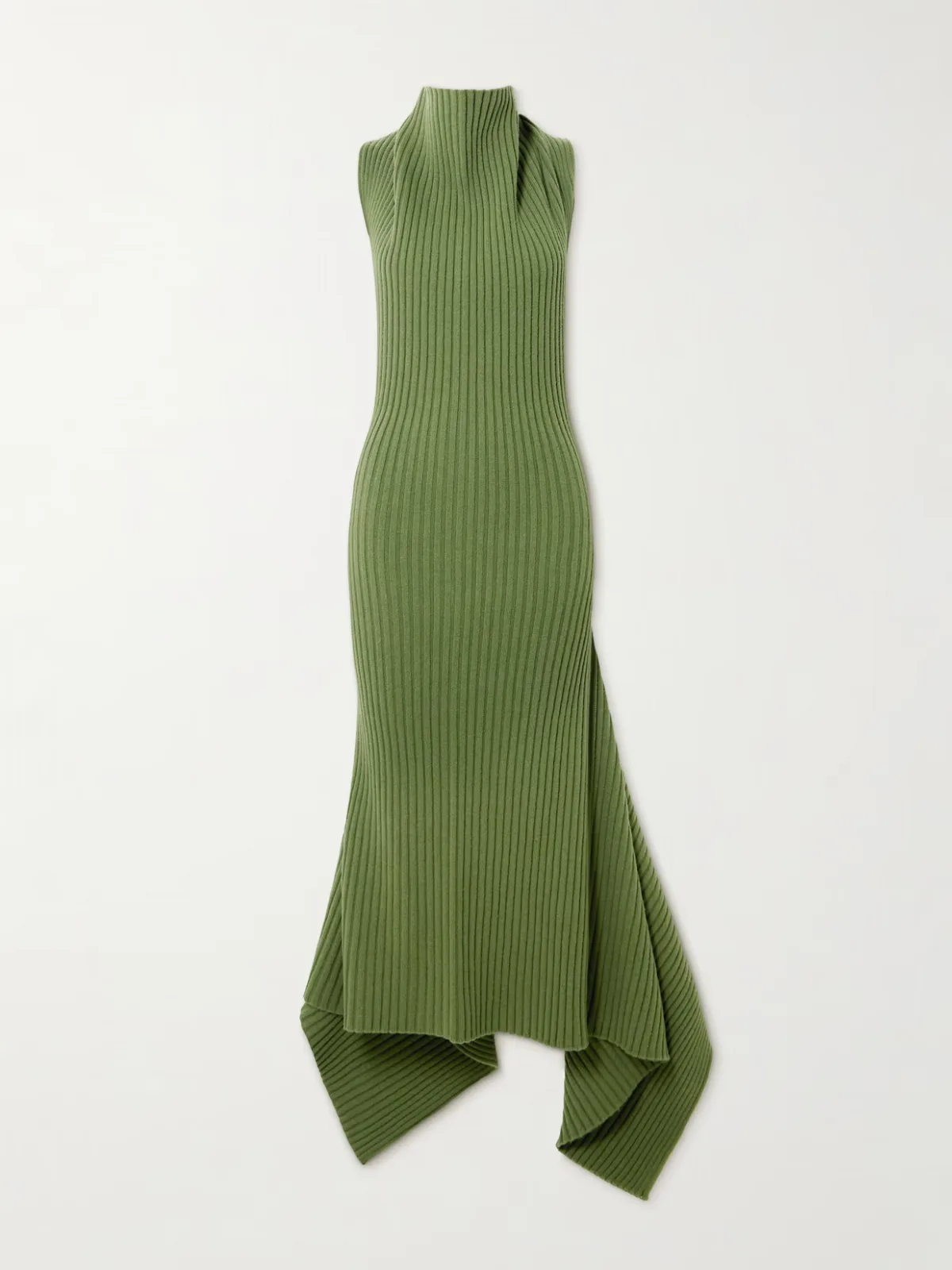 - Asymmetric Gathered Ribbed Wool-blend Midi Dress -