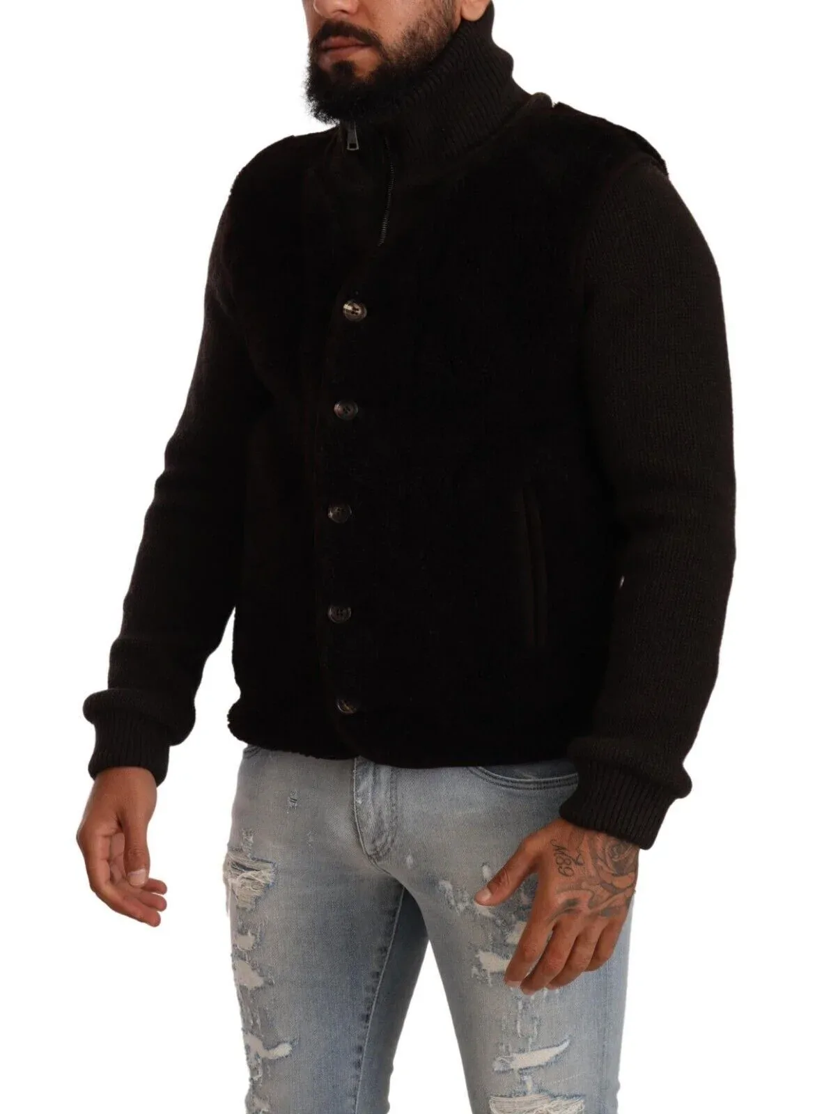 Leather Bomber with Turtleneck Collar Jacket