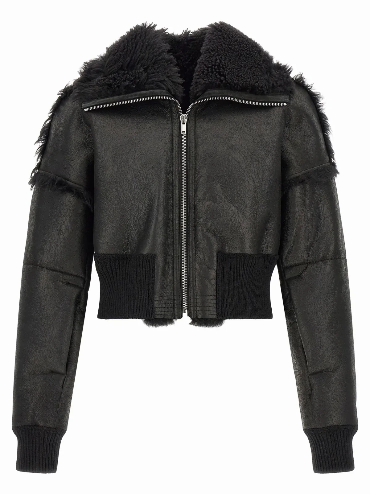 Lamb Fur and Leather Cropped Bomber Jacket