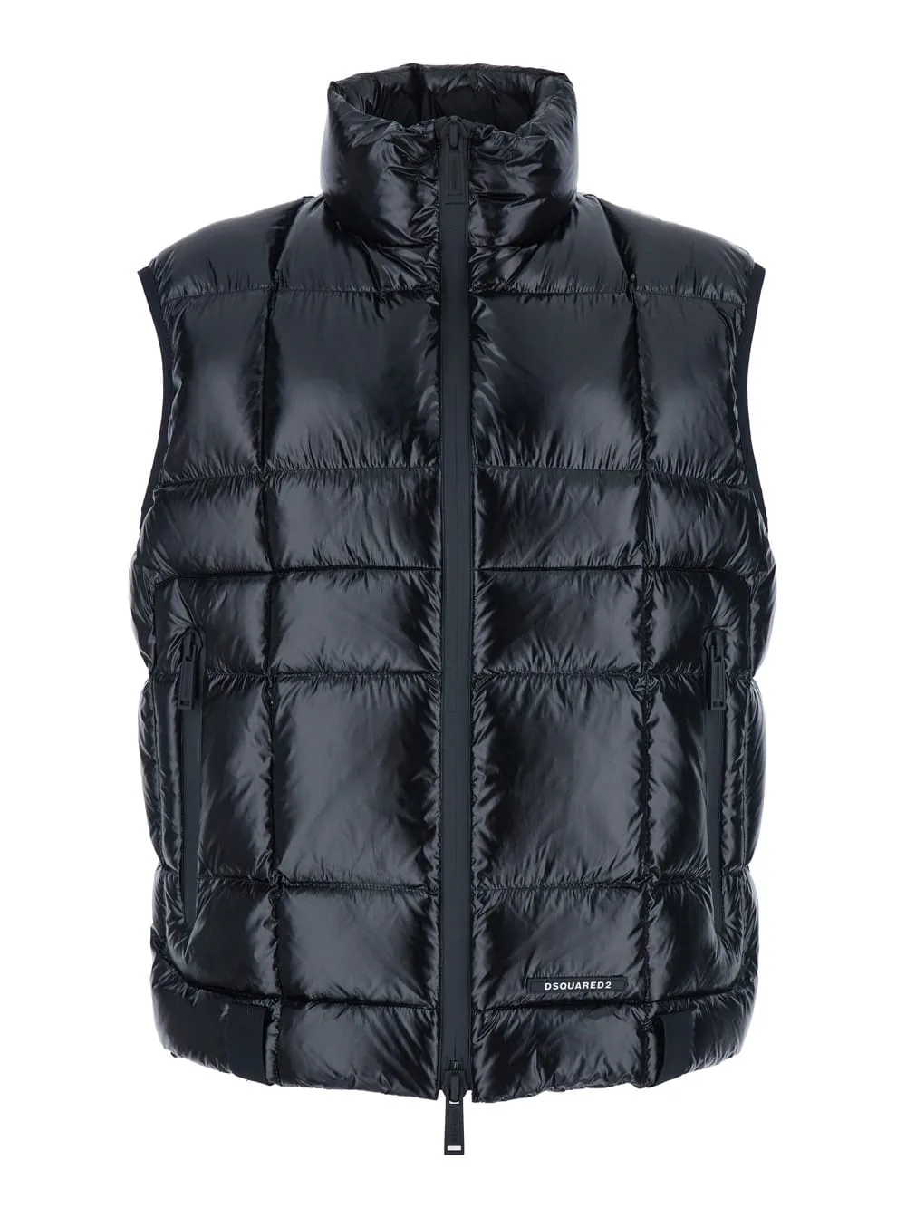 Black Sleeveless Down Jacket With High Neck And Logo Patch On The Front In Tech Fabric Man