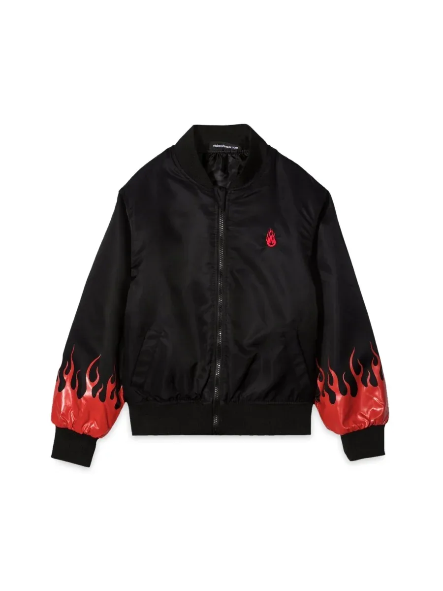 Nylon Red Flame Motif Bomber Jacket by Vision Of Super