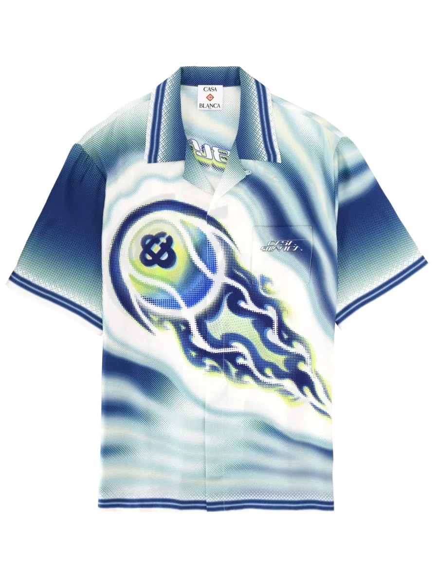 Flaming Tennis Ball Print Silk Shirt by Casablanca