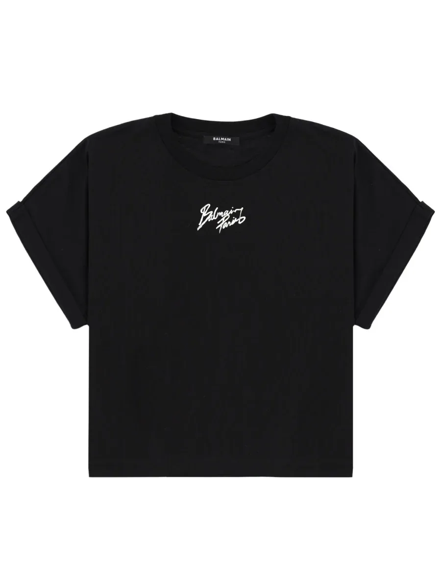 Cropped Logo Cotton T-Shirt by Balmain
