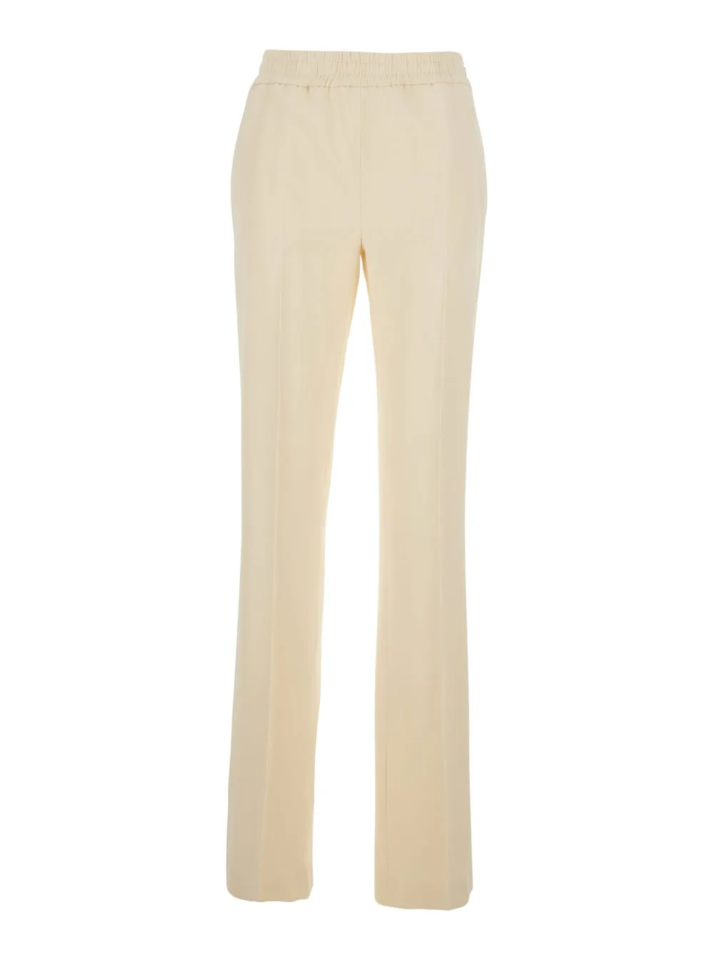 Beige Pants With Elastic Waist And Logo Plate On The Back
