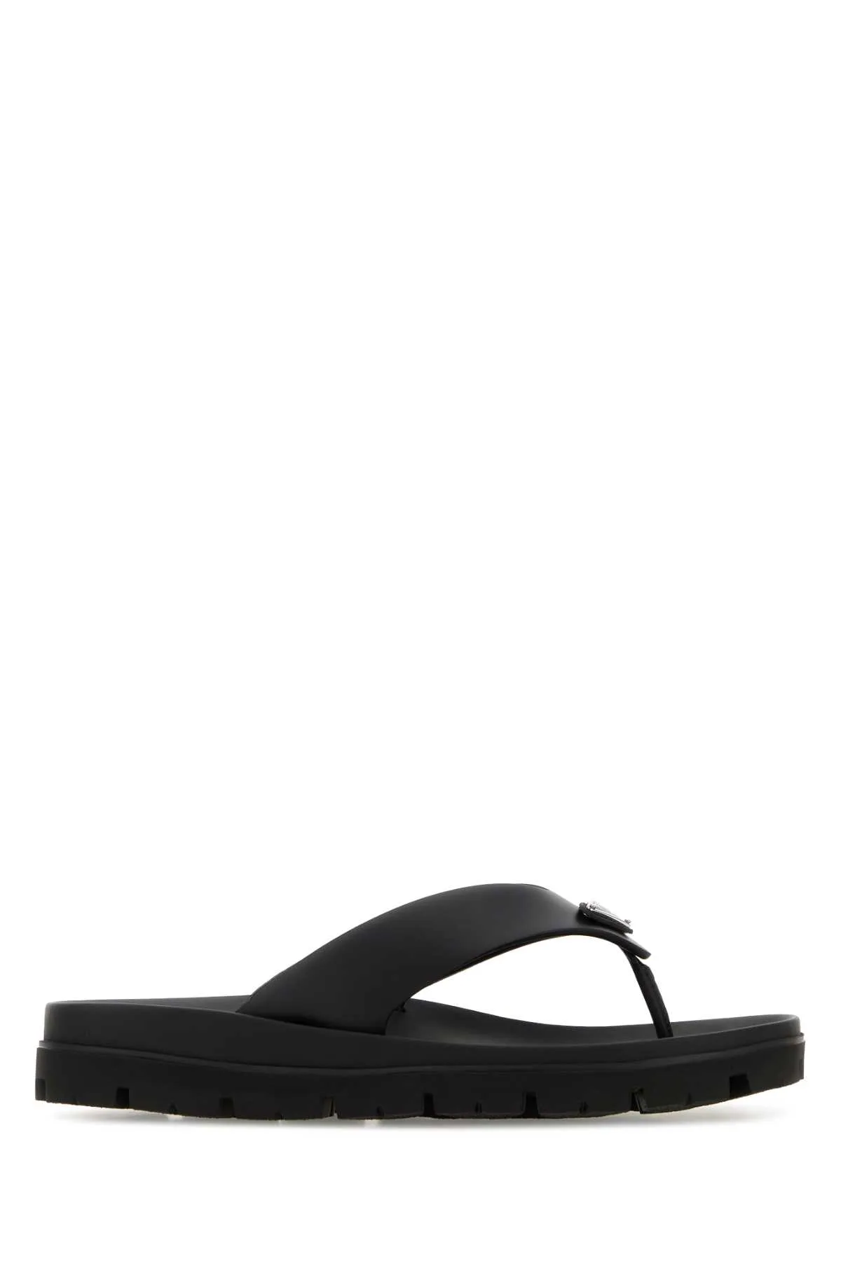 Black Leather Thong Slippers by Prada