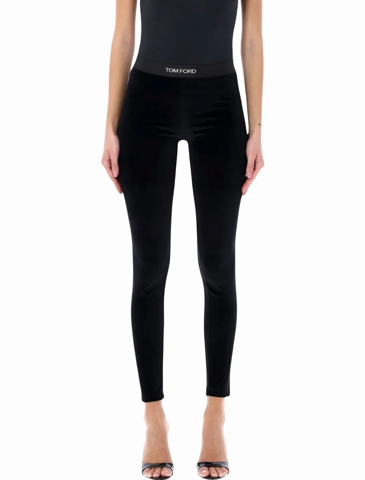 Black Stretch Velour Logo Leggings