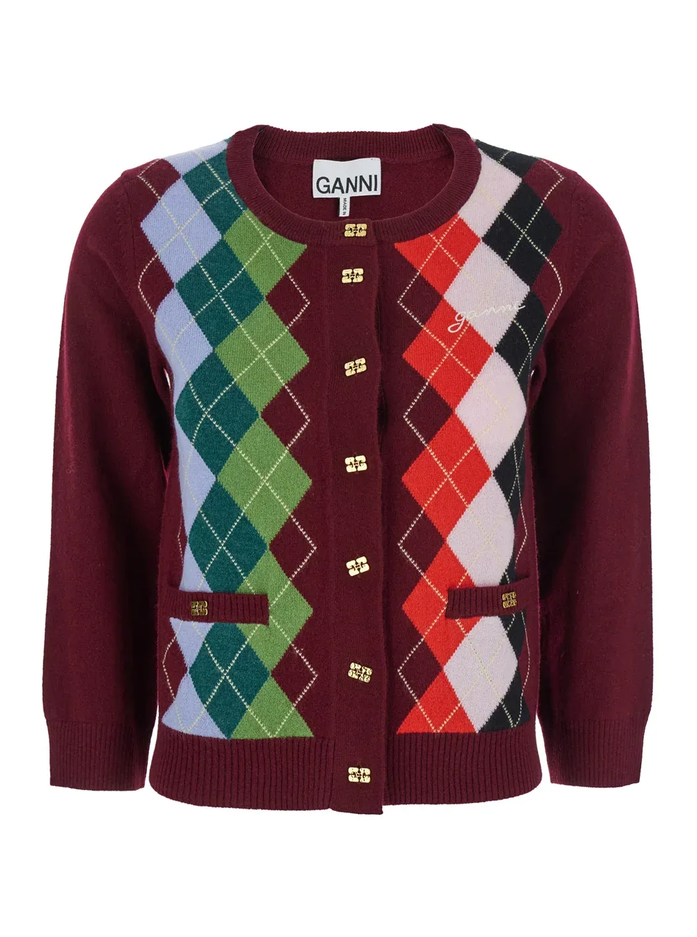 Argyle Crew-Neck Cardigan by Ganni