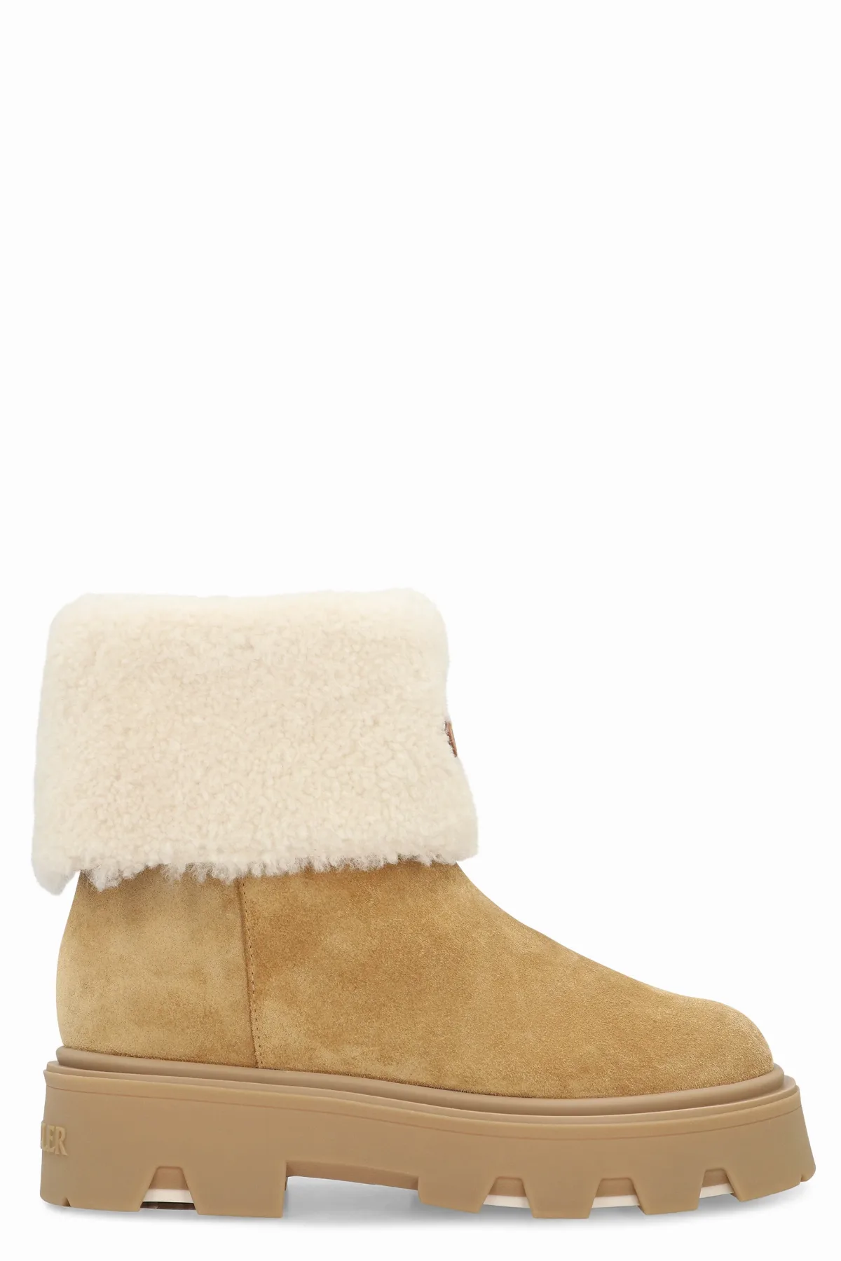 Shearling-Cuff Suede Ankle Boot by Moncler