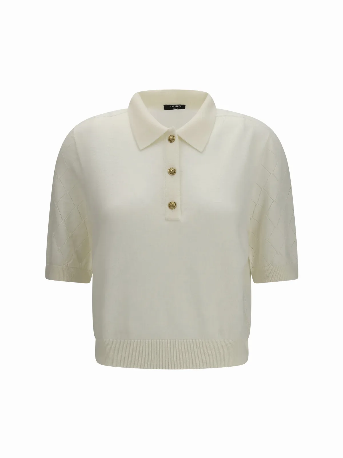 Merino Wool with Diamond-Knit Sleeves Polo Top by Balmain