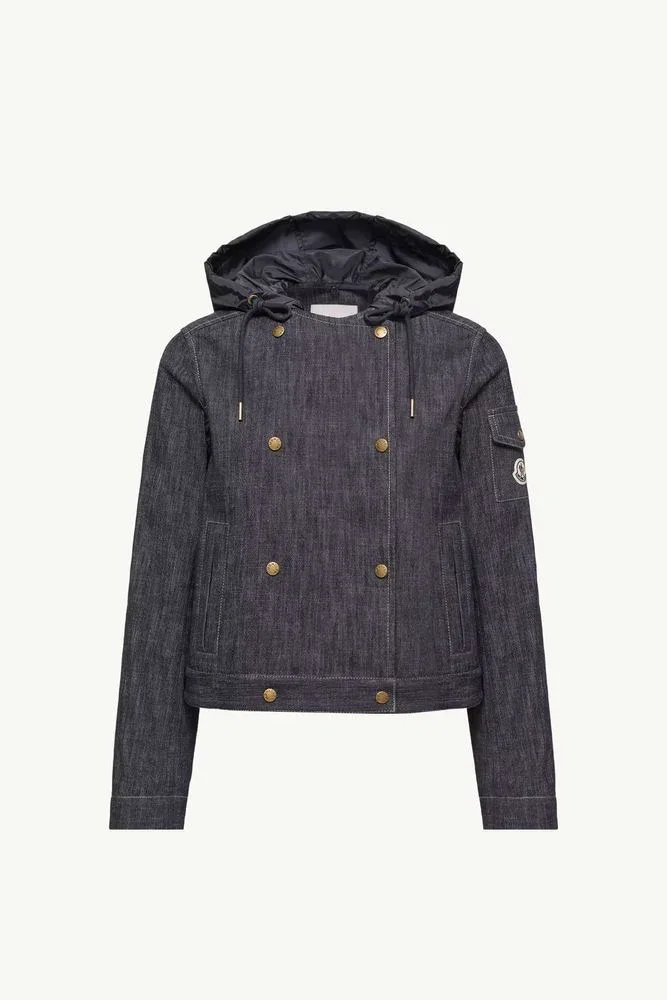 Double-Breasted Denim with Hood Jacket by Moncler