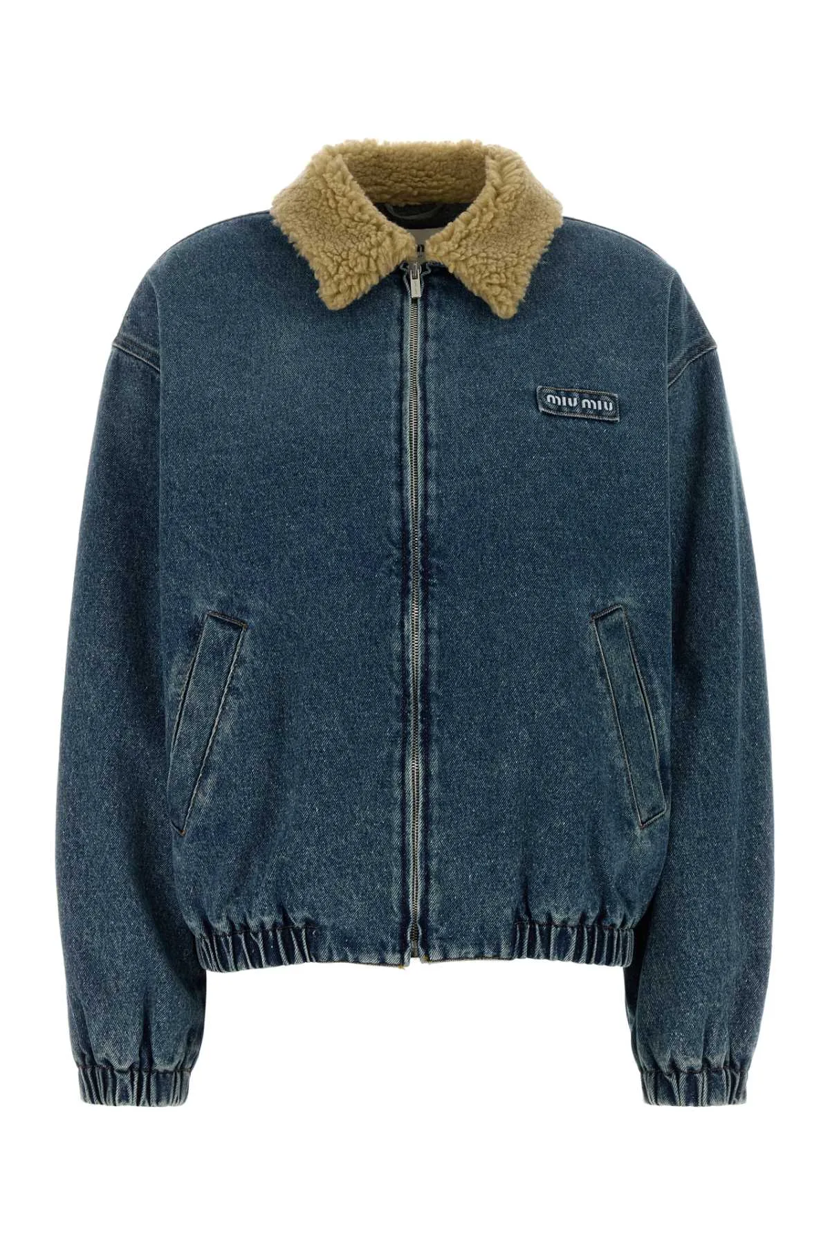 Sherpa-Collar Denim Bomber Jacket by Miu Miu