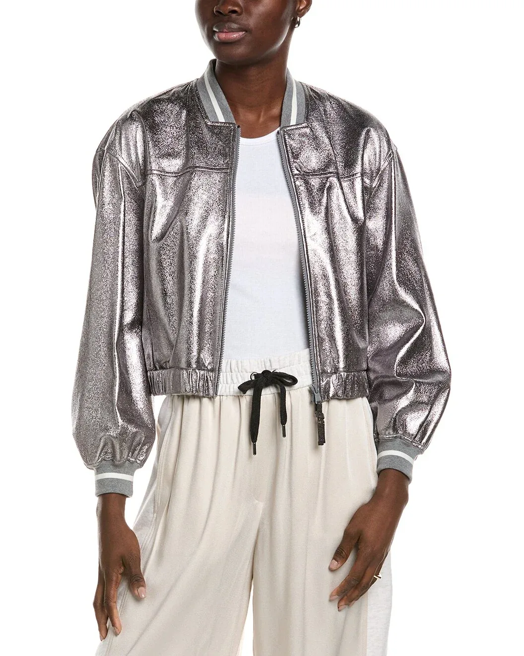 Metallic Leather Bomber Jacket