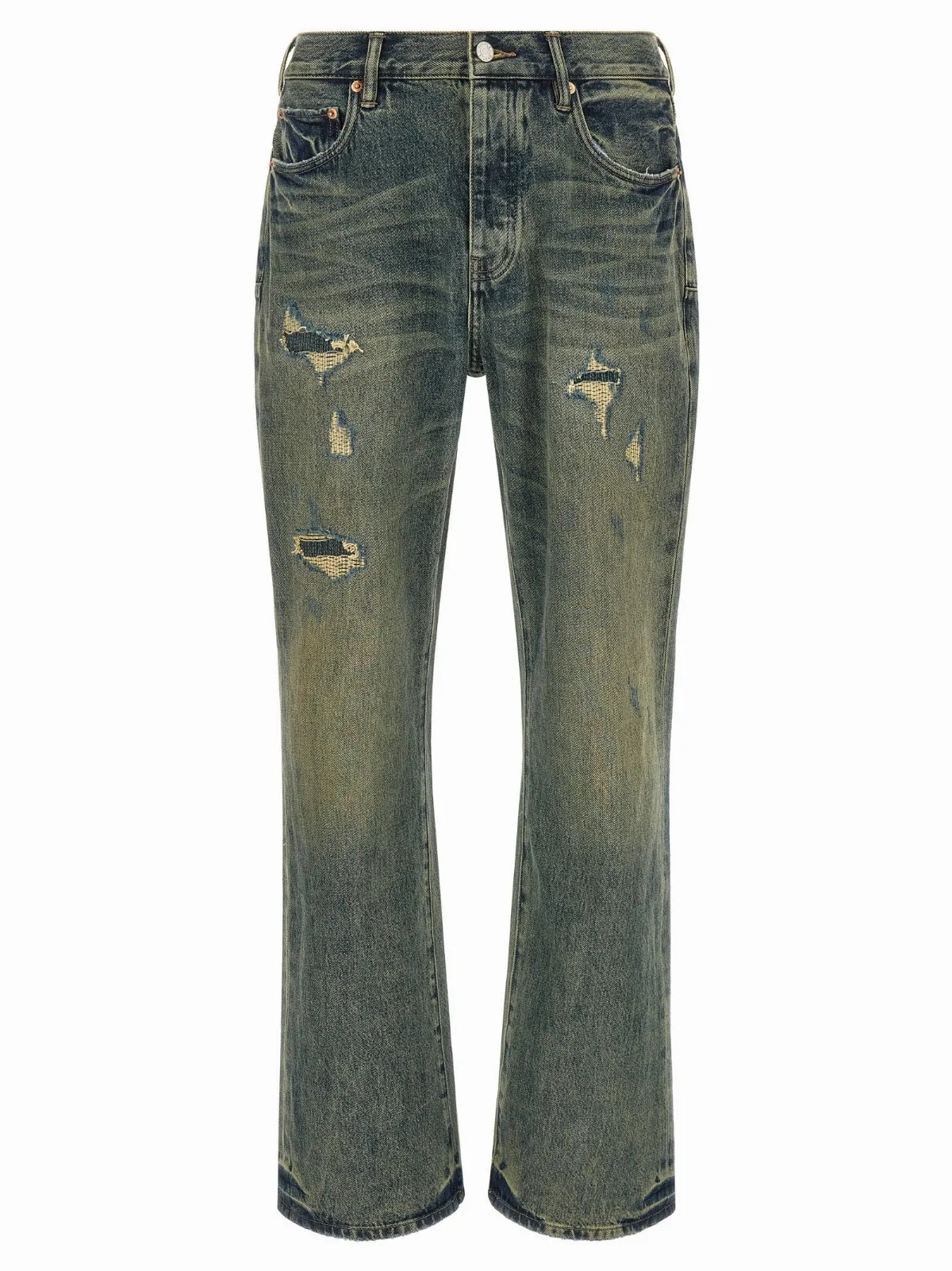 Distressed Quilted-Insert Bootcut Jeans