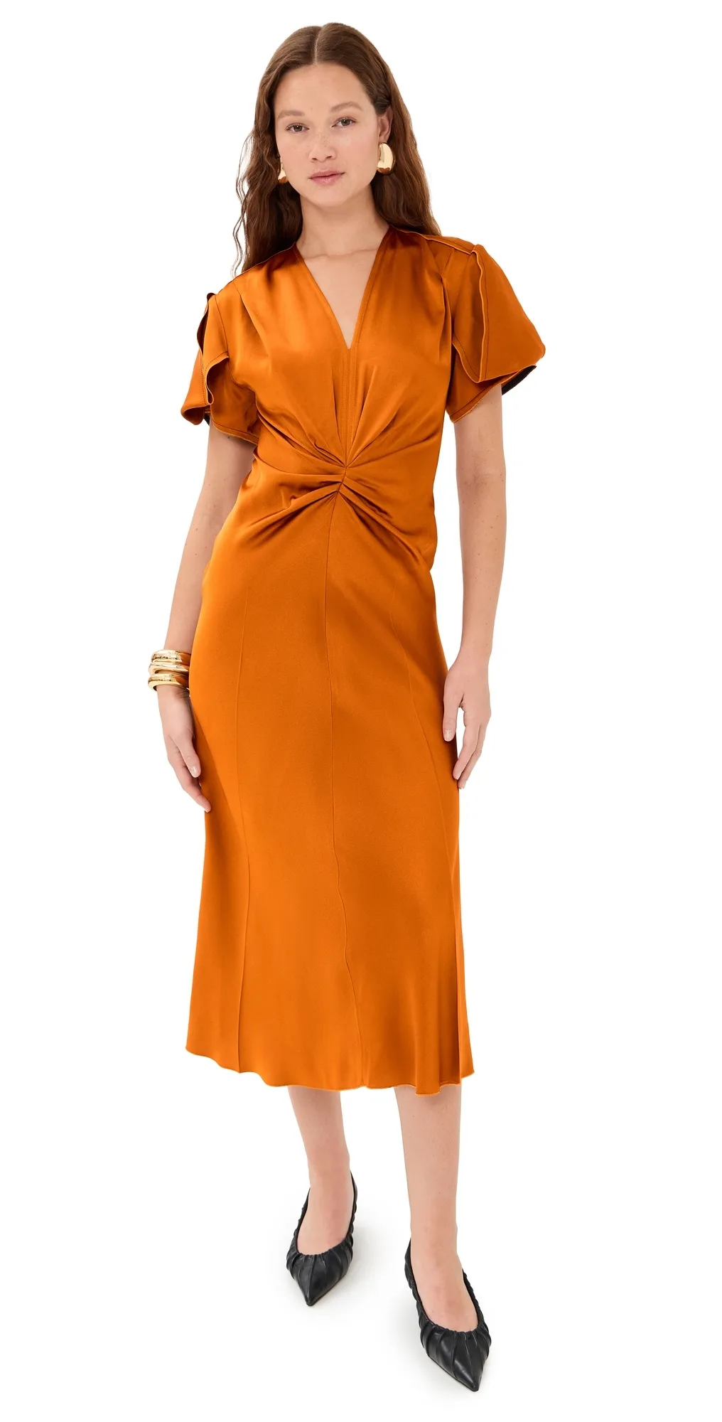 Gathered V Neck Midi Dress