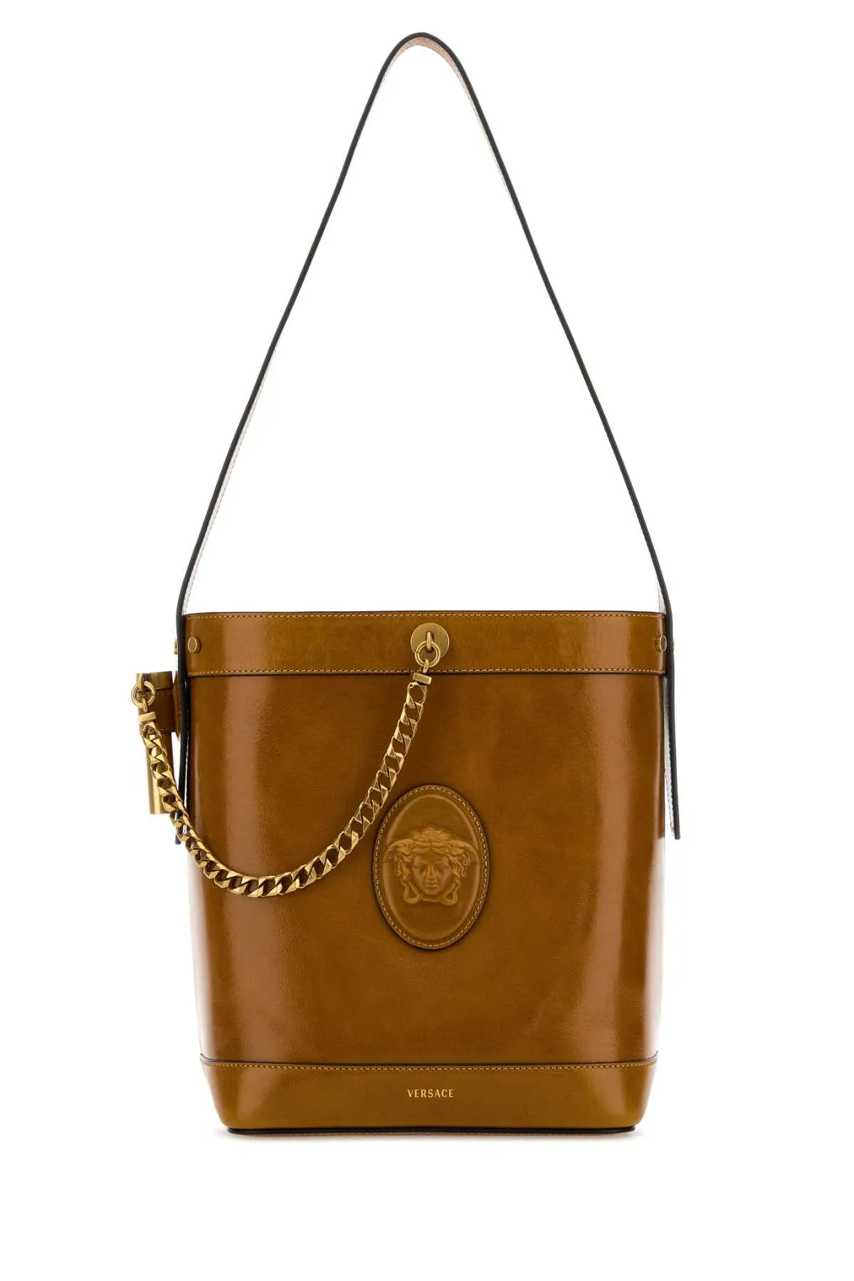 Camel Leather Bucket Bag by Versace
