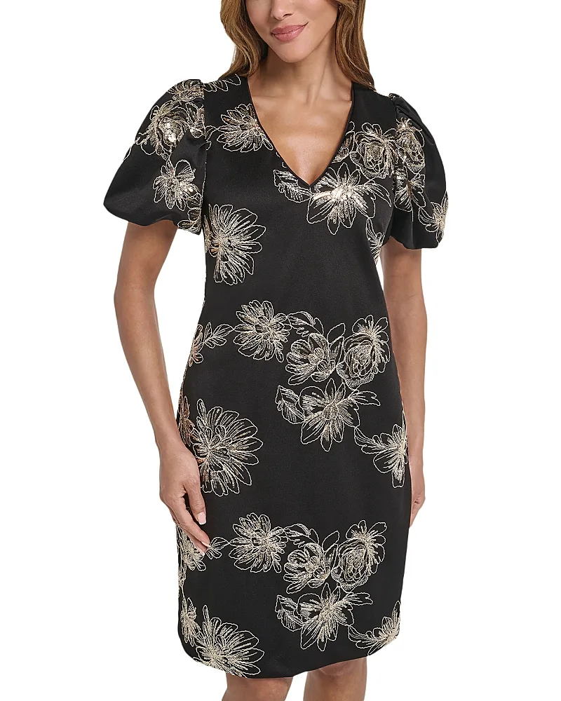 Metallic Floral Puff Sleeve Dress