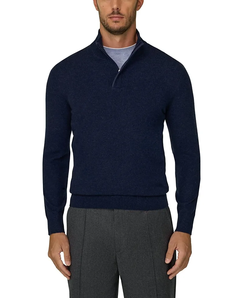 Quarter-Zip Wool Cashmere Melange Roll Neck Jumper