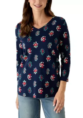 3/4 Sleeve V-Neck Print Top