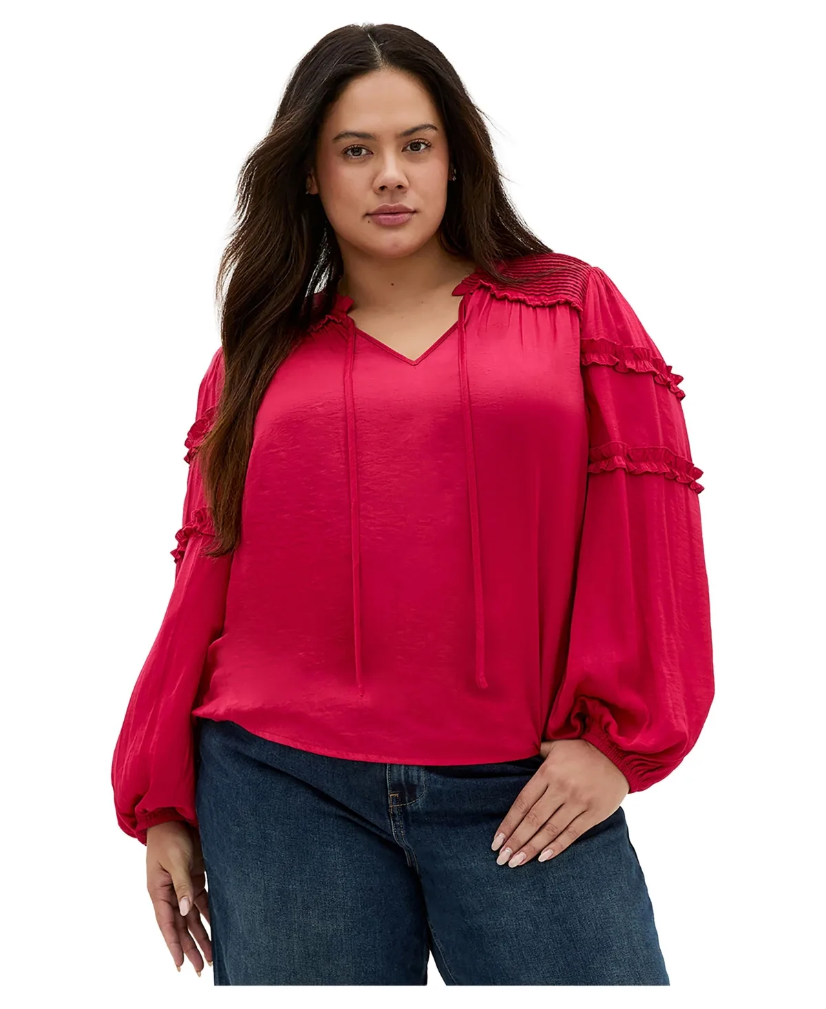 Tie Neck Ruffle Trim Long Sleeve Crinkle Blouse