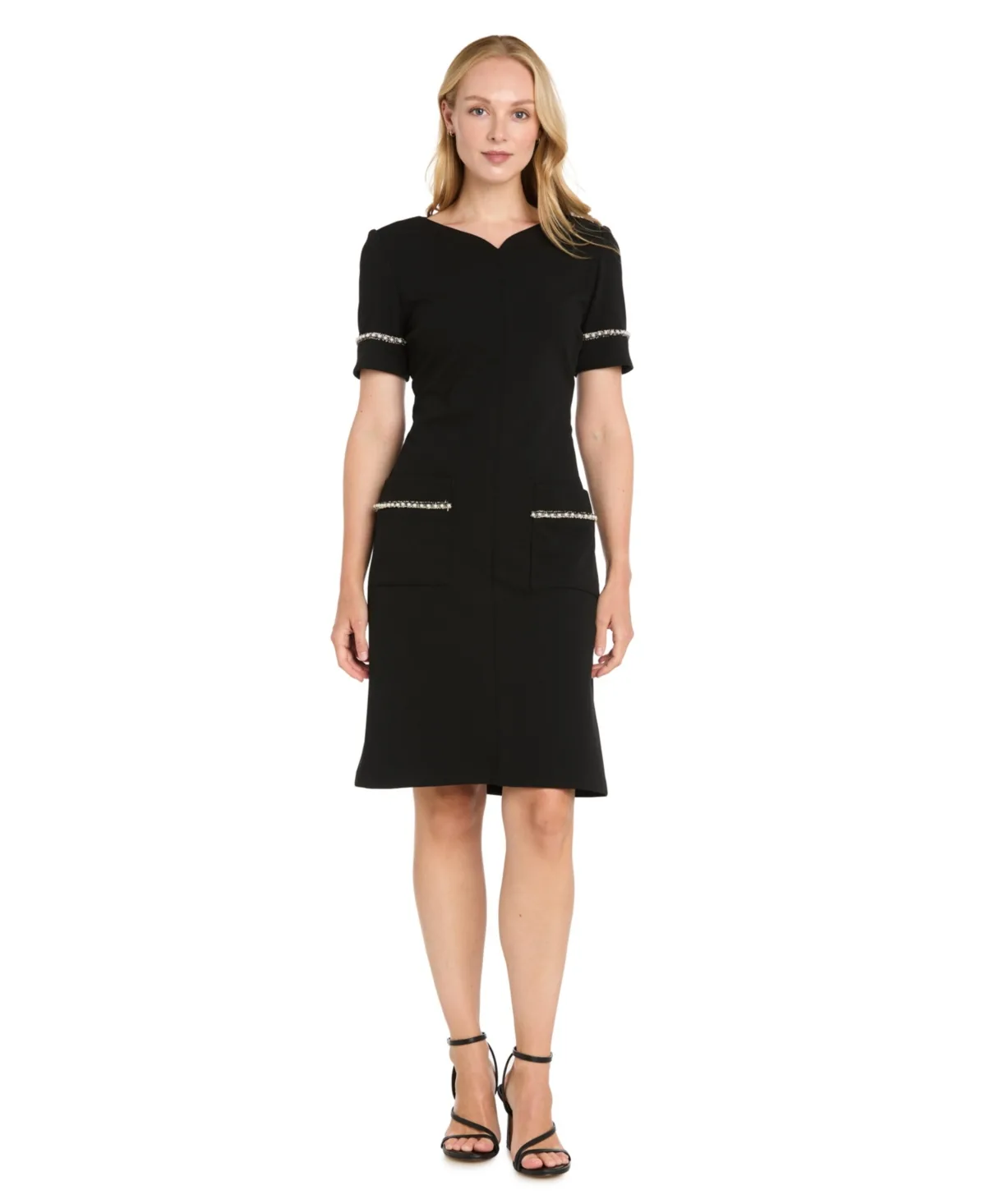Sophia Christina Scuba Crepe Cap-Sleeve Embellished Sheath Dress by R&M Richards