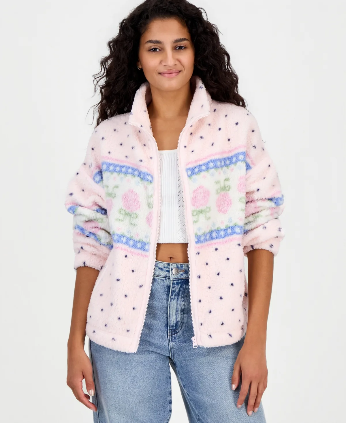Printed Sherpa Zip Up Fairisle Jacket by Hippie Rose