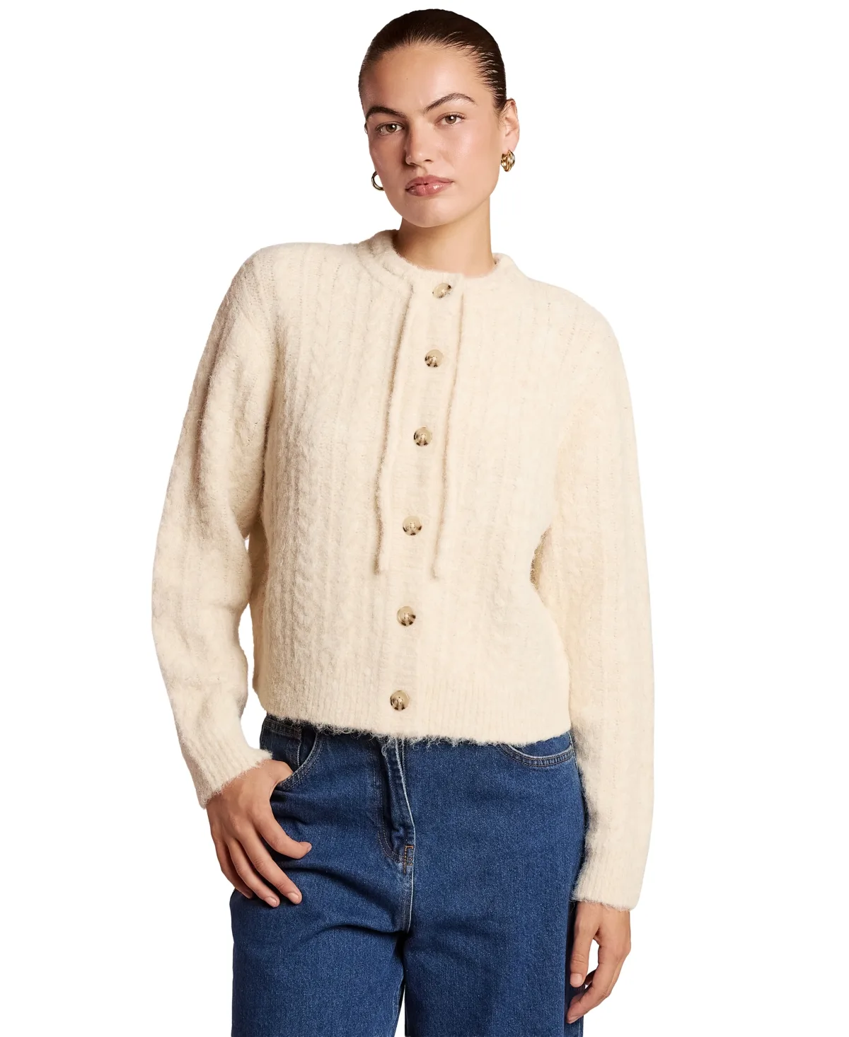 Delphine Cable-Knit Fitted Cardigan by 4th & Reckless