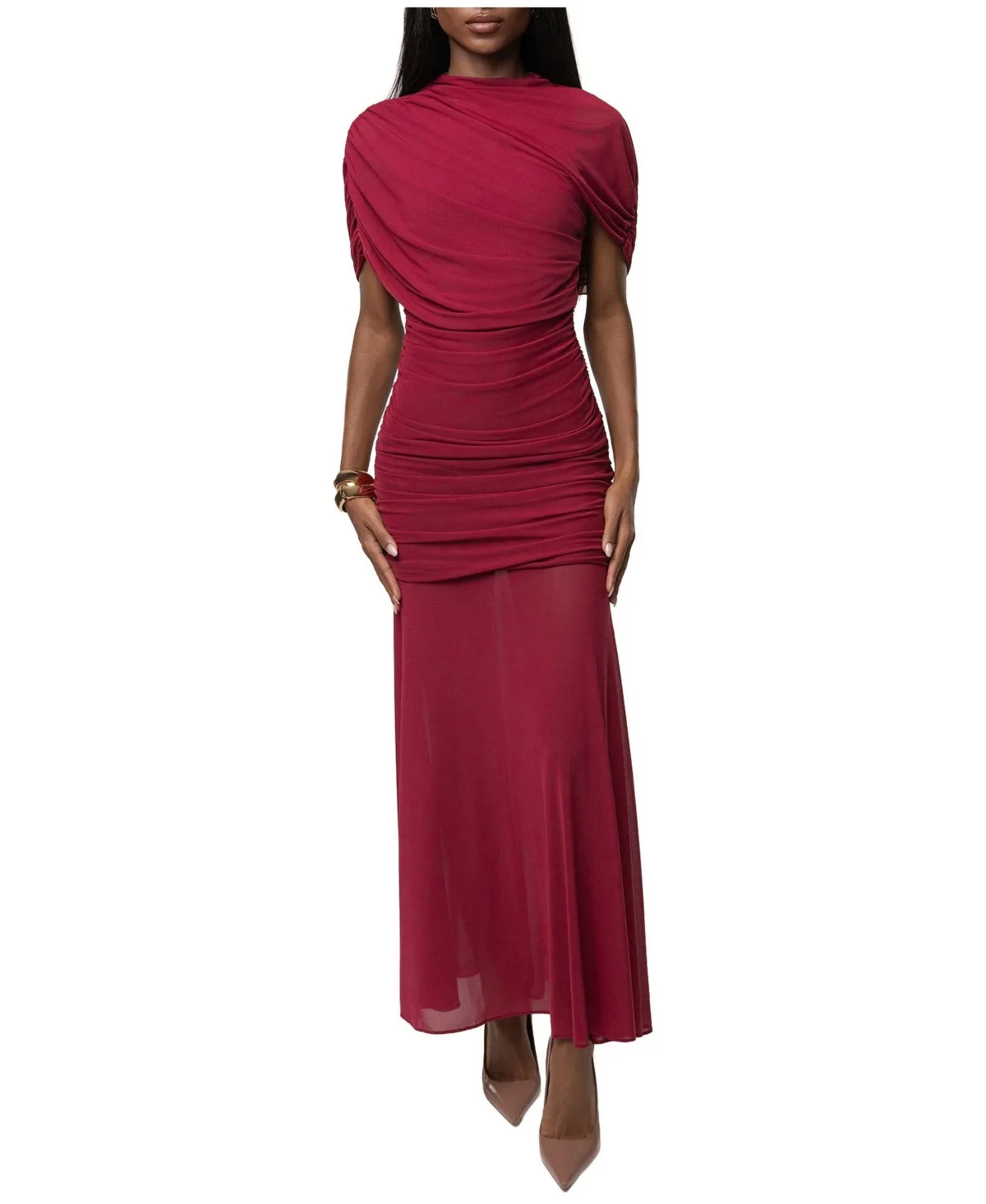 Full Attention Sheer-Mesh Asymmetric-Draped Ruched Maxi Dress by Jluxlabel