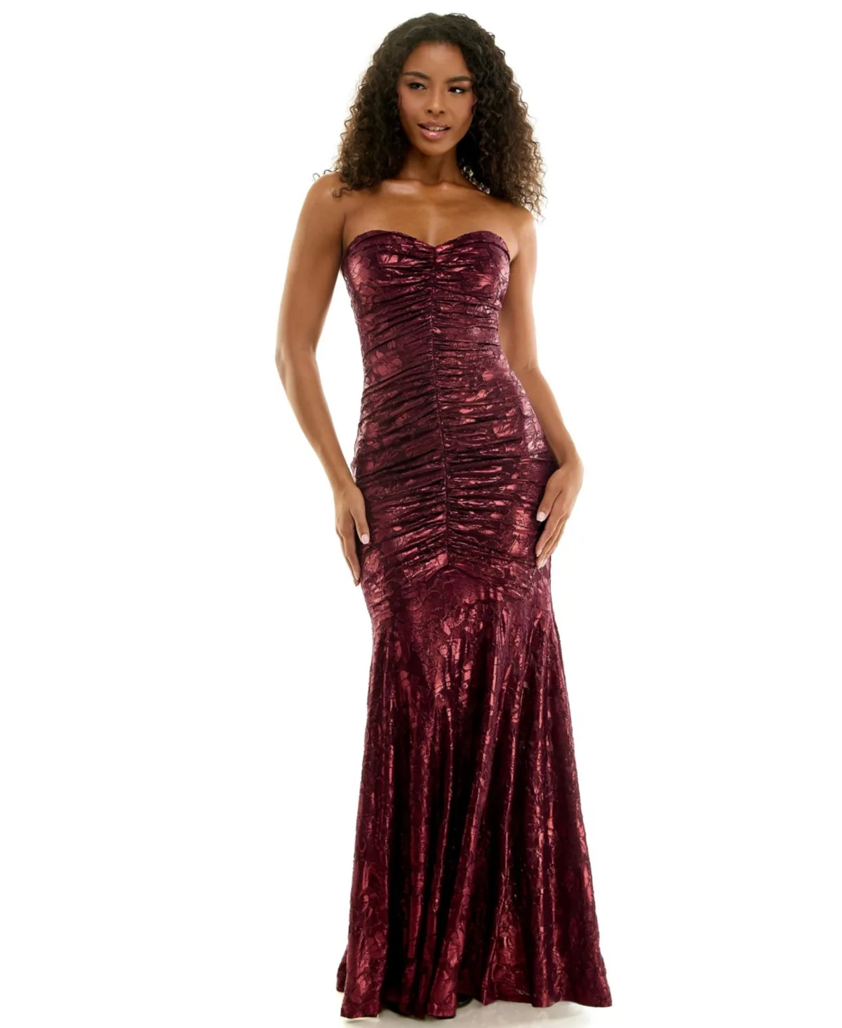 Strapless Sweetheart Foil Lace Drop-Waist Gown by Seni & Cade