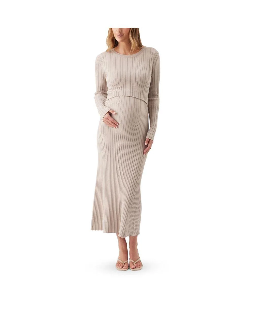 Eden Ribbed-Knit Long-Sleeve Nursing Dress - Stone by Ripe Maternity